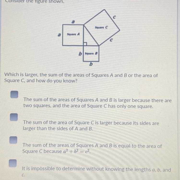 Which is larger, the sum of the areas of square A and B or the area of Square C, and-example-1