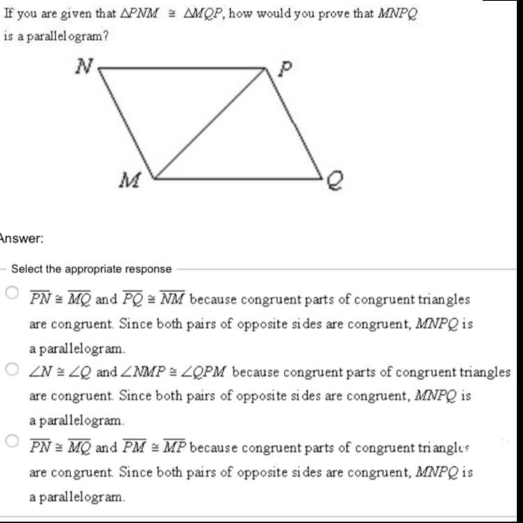 Help please! How would you prove that MNPQ is a parallelogram?-example-1