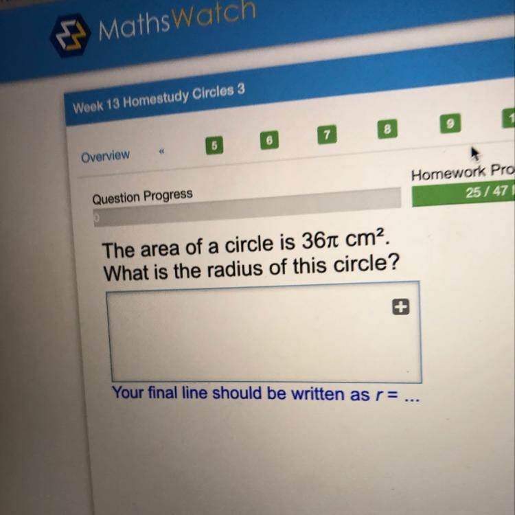 The area of a circle is 36 n cm2?. What is the radius of this circle? Your final line-example-1