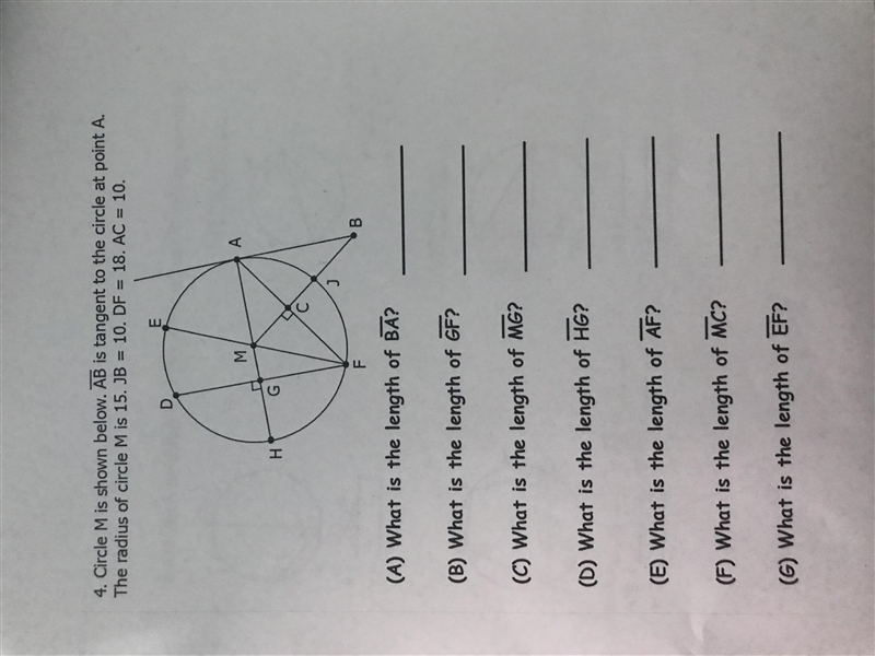 Circle M is shown below. AB is tangent to the circle at point A. The radius of a circle-example-1