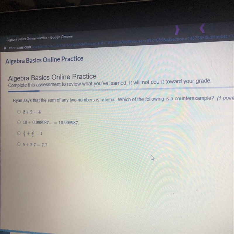 Ryan says that the sum of any two numbers is rational. Which of the following is a-example-1