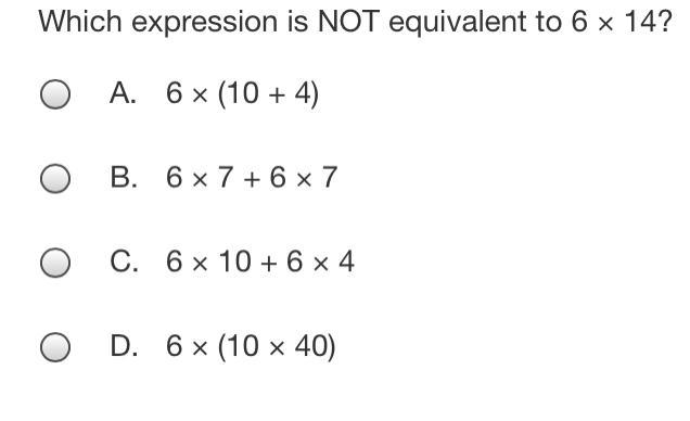 Which expression is NOT equivalent to 6 × 14?-example-1