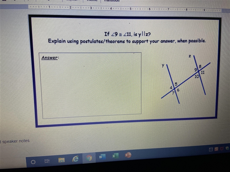 If 9 is congruent to 11, is y parallel to z?-example-1