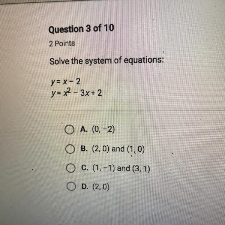 Solve the system of equations: y = x-2 y= x2 – 3x+ 2-example-1