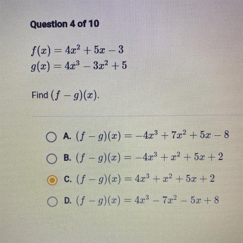 Pls F(x) = 4x^4 +5x -3 G(x)= 4x3 - 3x3 +5. Find (f-g) (x)-example-1