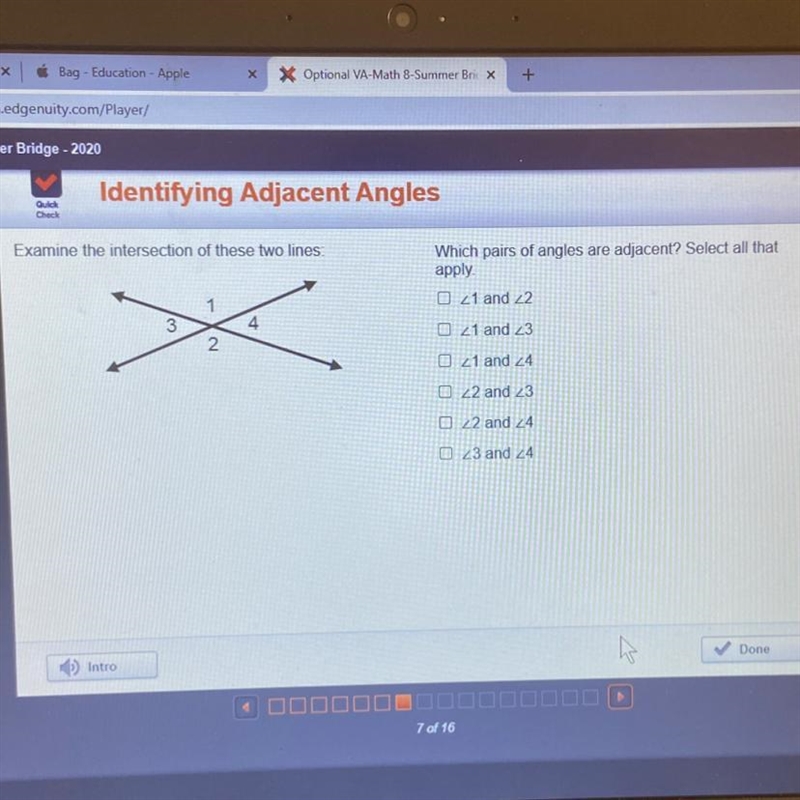 *QUICK HELP PLEASE Which pairs of angles are adjacent? Select all that apply.-example-1