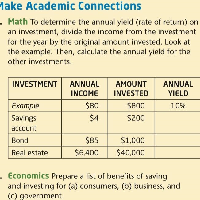 To determine the annual yield (rate of return) on an investment, divide the income-example-1