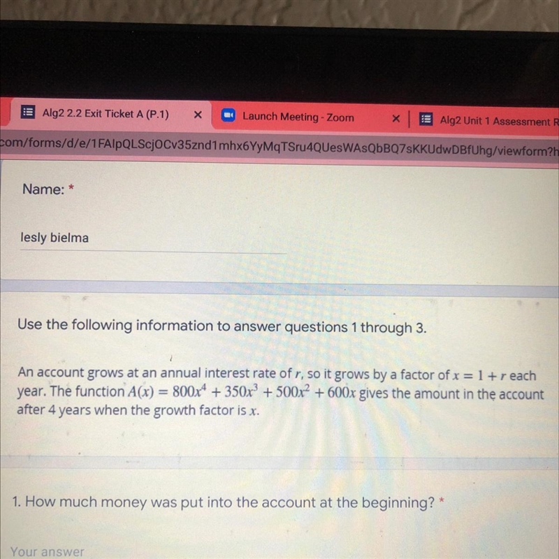 An account grows at an annual interest rate of r, so it grows by a factor of x= 1 + r-example-1