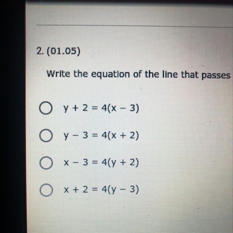 2 (01.05) Write the equation of the line that passes through (3,-2) and has a slope-example-1