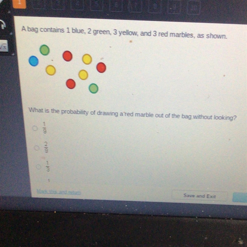 Hurry Abag contems he green 3 vellow and 3 red marbles, as shown. What is the probably-example-1