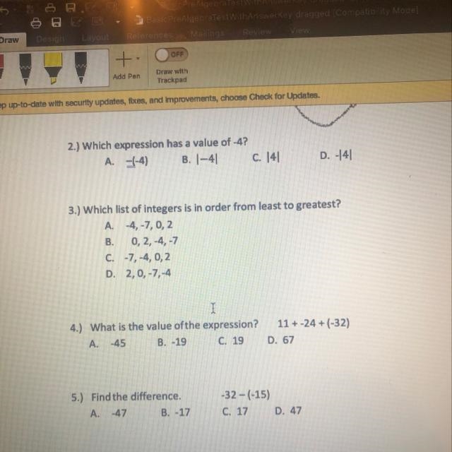 2.) Which expression has a value of -4? A. (4) B. 1-41 C. 141 D.-141 3.) Which list-example-1