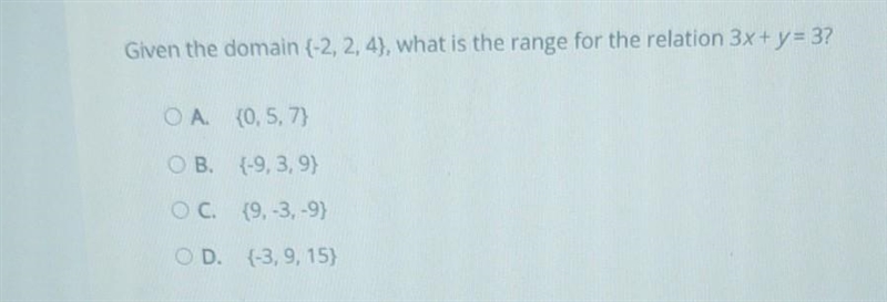 Given the domain (-2,2,4) what is the range for the relation 3x + y = 3? ​-example-1