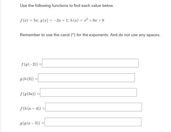 Y'all I am struggling Use the following functions to find each value below. f(x)=5x-example-1