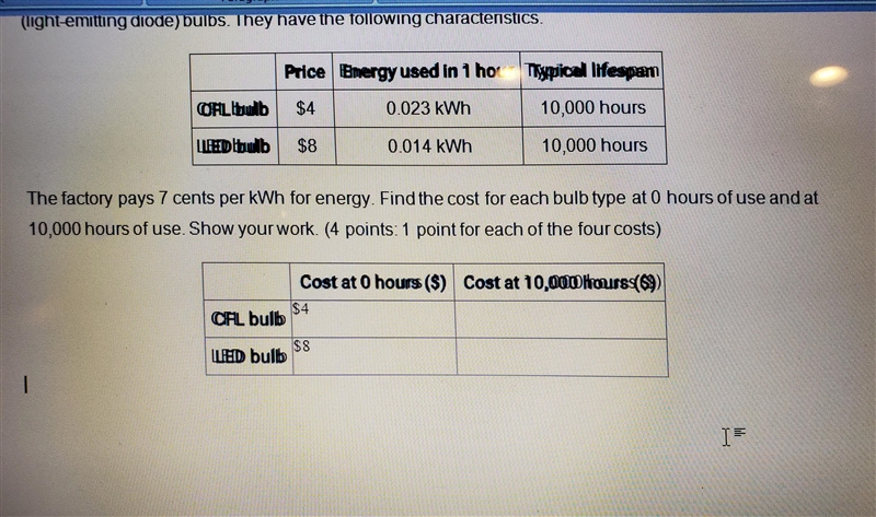 The factory pays 7 cents per kWh for energy. Find the cost for each bulb type at 0 hours-example-1