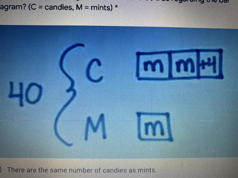 Which of the following statements could be true regarding the bar diagram? (C = candies-example-1