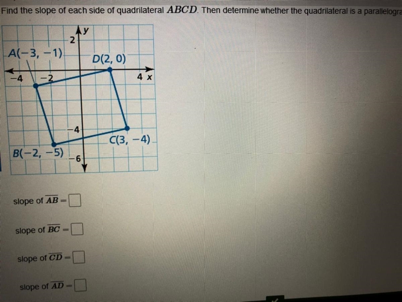 Find the slope of each side of quadrilateral ABCD Then determine whether the quadrilateral-example-1