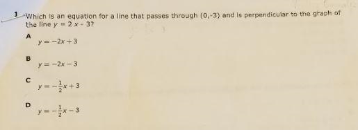 Which is an equation of the line that passes through (0, -3) and is perpendicular-example-1