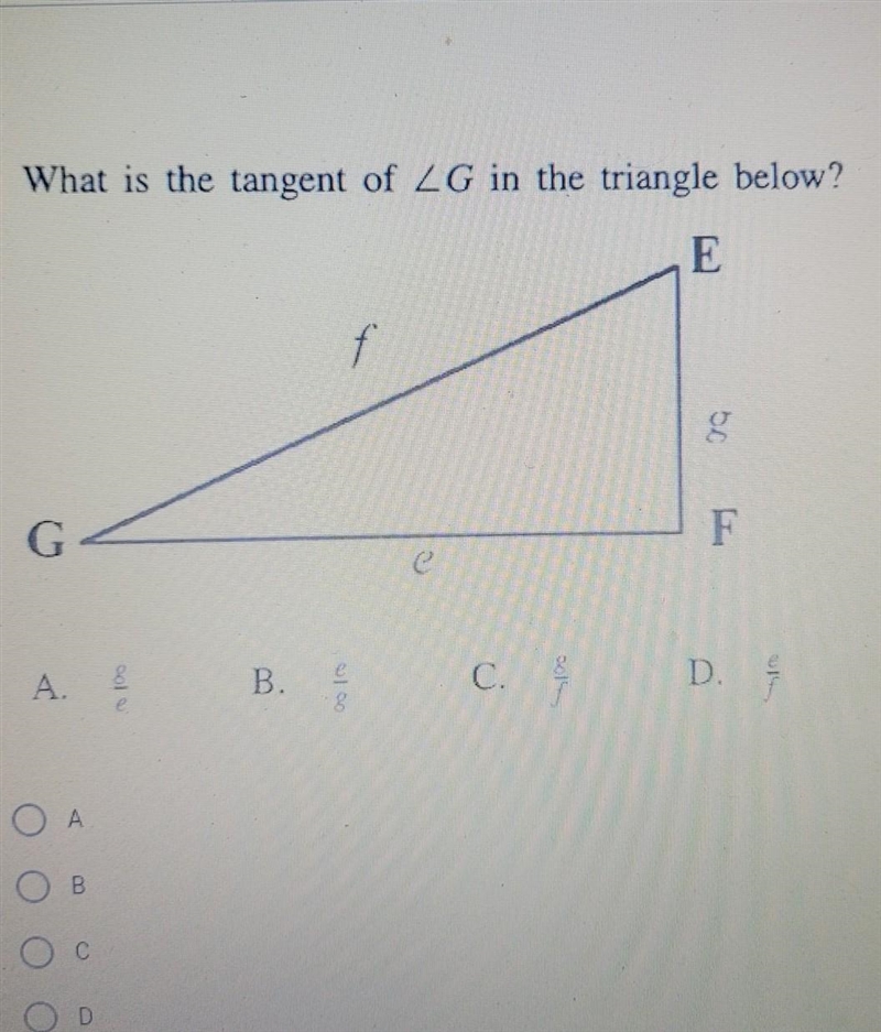 What is the tangent G in the triangle below?​-example-1