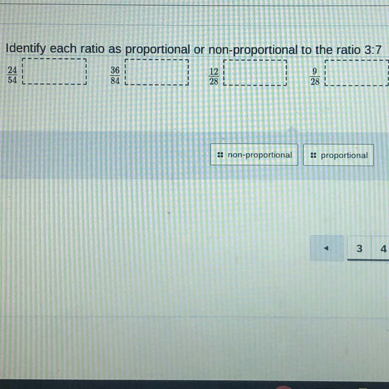 Ugentttt Identify each ratio as proportional or not to ratio 3:7-example-1