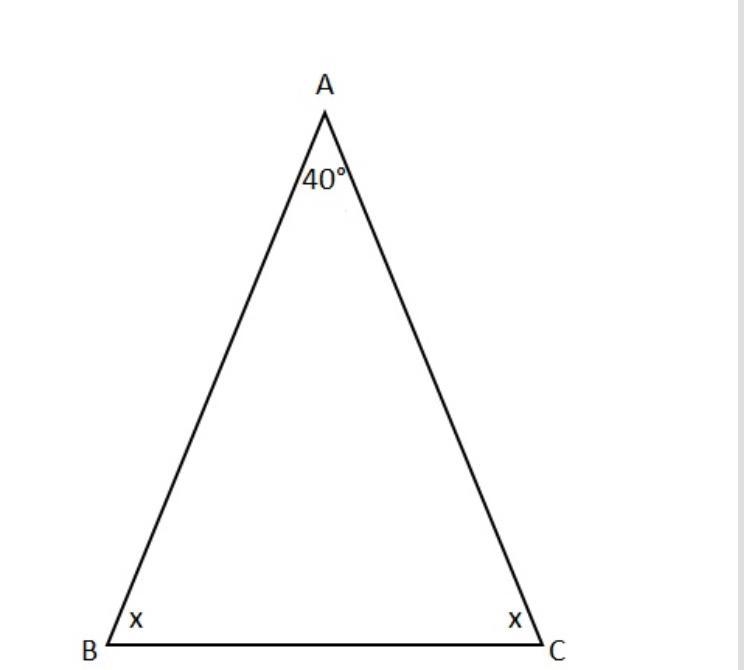 ABC is an isoscles triangle. Angle A = 40°. Find measure of Angle B. 40 70 75 180-example-1