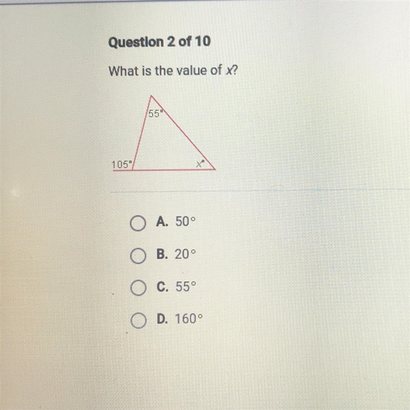 What is the value of x? A. 50° B. 20° C. 55° D. 160°-example-1