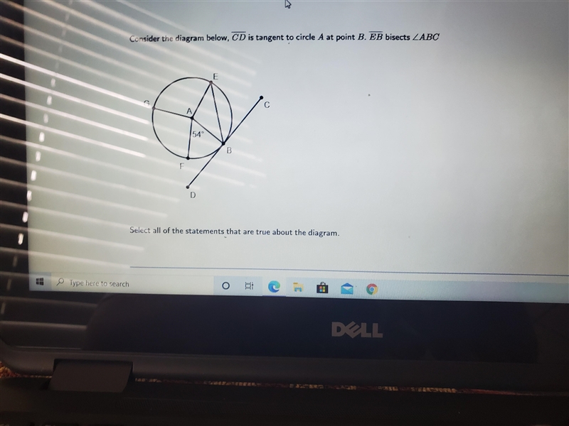 Consider the diagram below, CD is tangent to circle A at point B. EB bisects triangle-example-1