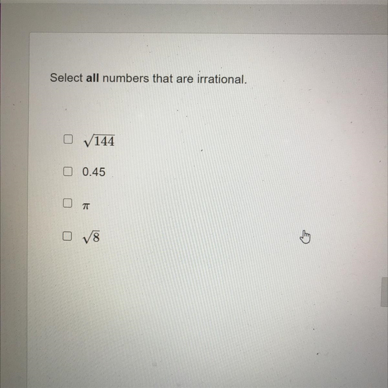 Need help ASAP Select all numbers that are irrational-example-1