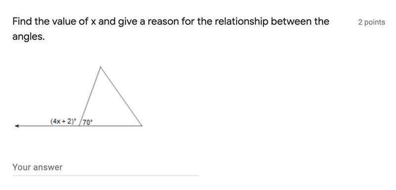 Find the value of X and give a reason for the relation ship between the angles.-example-1