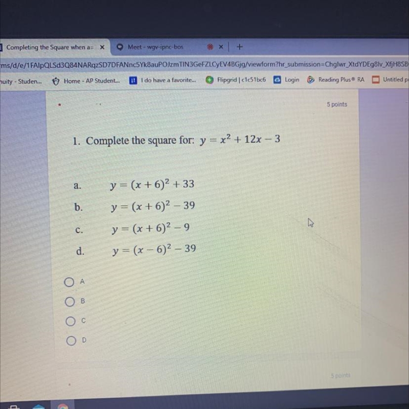 Can someone help please !!!!Complete the square for: y = x2 + 12x - 3 a. y = (x + 6)2 + 33 b-example-1