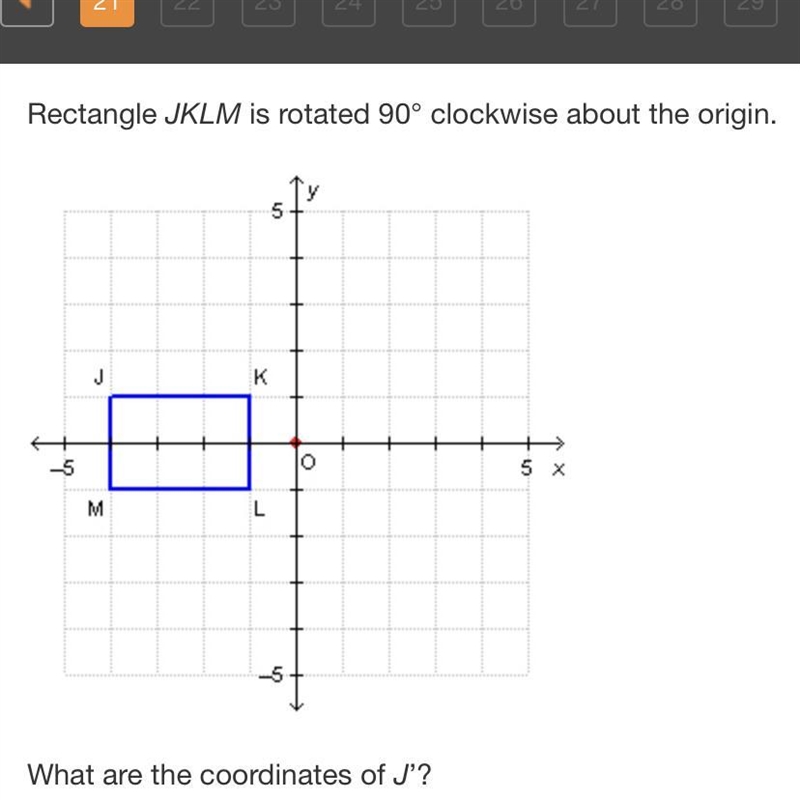 Rectangle JKLM is rotated 90° clockwise about the origin. What are the coordinates-example-1