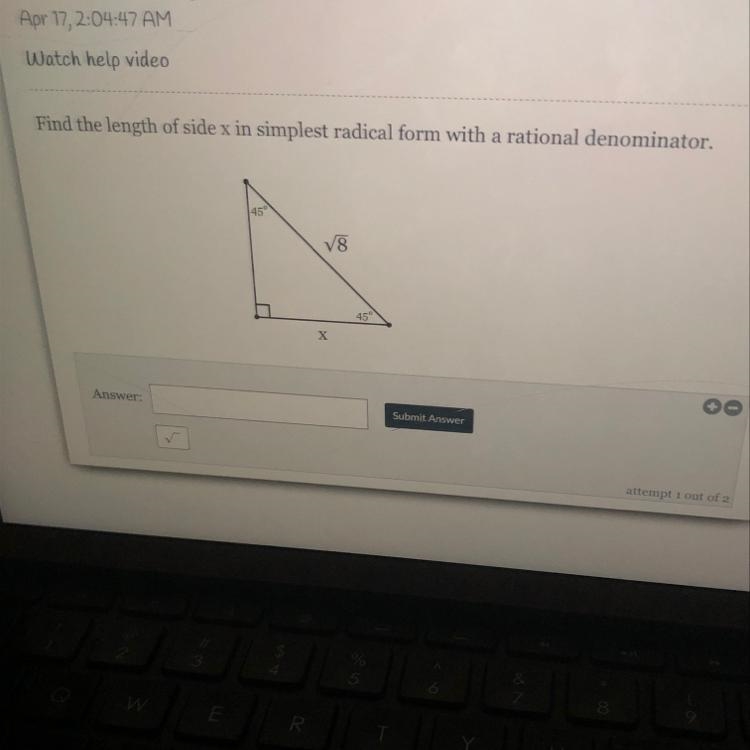 Find the length of side x in simplest radical form with a rational denominator-example-1