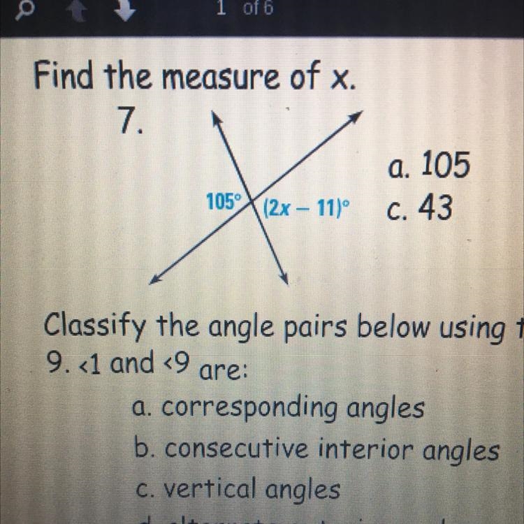 Find the measure of x. 7. 105° X 123 - 111 a. 105 C. 43-example-1