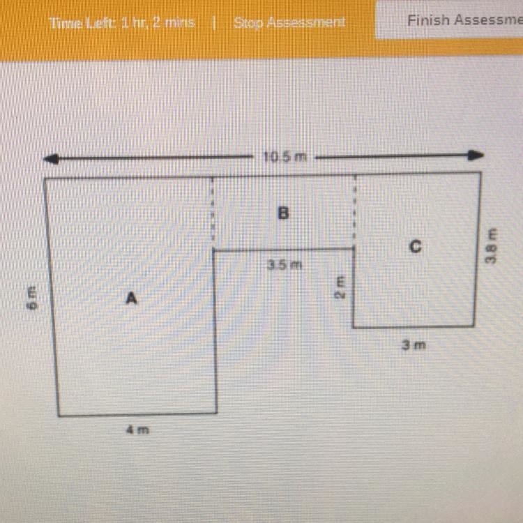 What is the area of the composite figure shown? A) 42.4m2 B) 41.7m2 C) 32.8m2 D) 63m-example-1