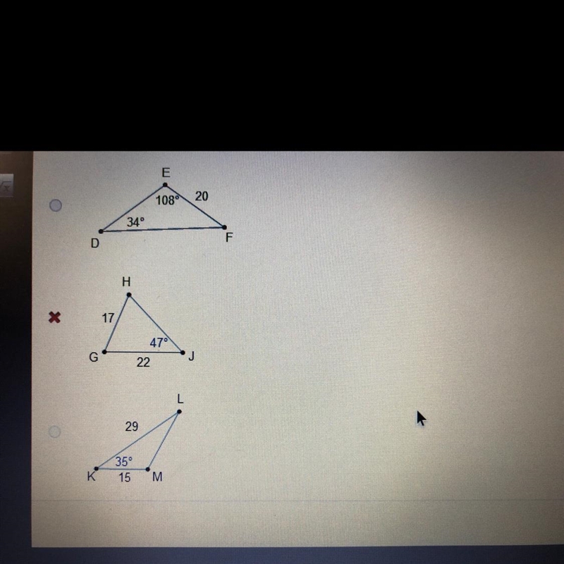 (GEOMETRY) 30pts Which triangles area can be calculated using the trigonometric area-example-1