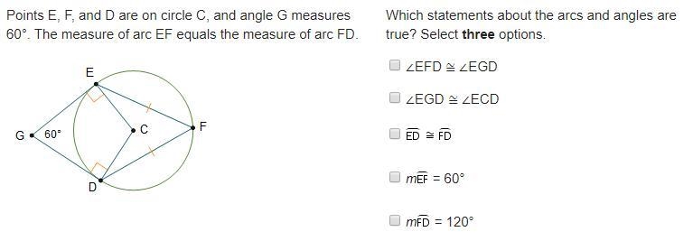 Points E, F, and D are on circle C, and angle G measures 60°. The measure of arc EF-example-1