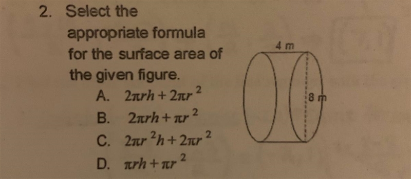 Select the appropriate formula for the surface area of the given figure-example-1