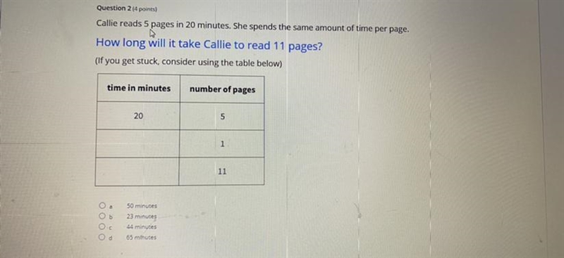 Callie reads 5 pages in 20 minutes. She spends the same amount of time per page. How-example-1