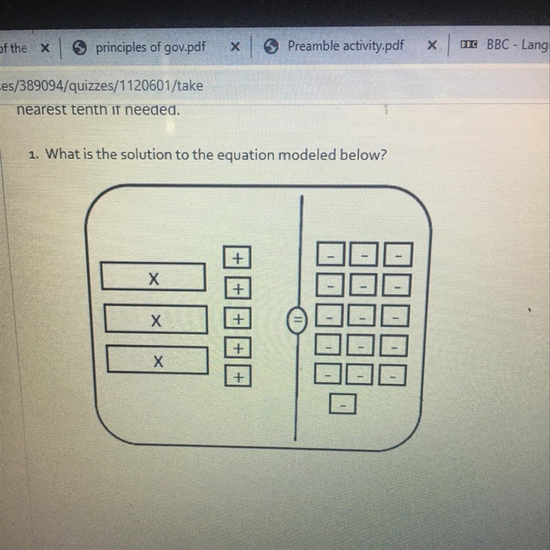 1. What is the solution to the equation modeled below?-example-1