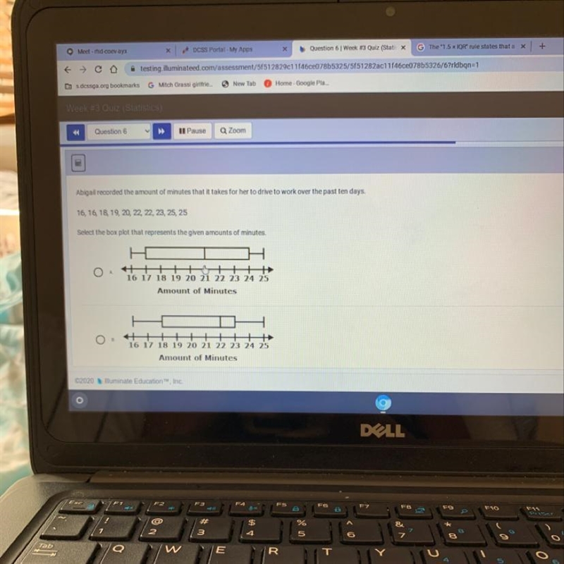 Question 6 V II Pause Q Zoom Abigail recorded the amount of minutes that it takes-example-1