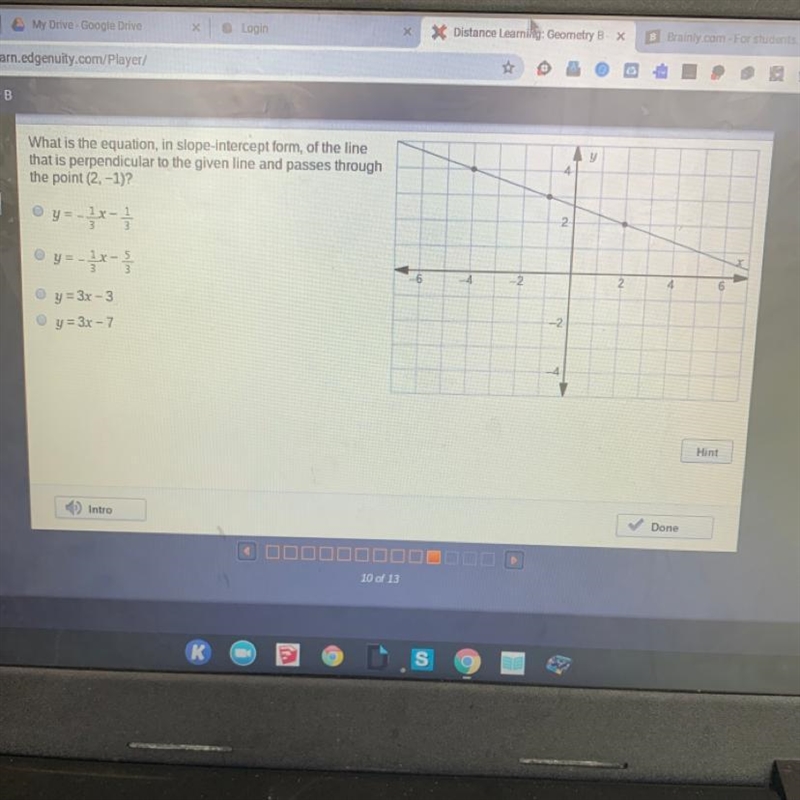 What is the equation, in slope-intercept form, of the line that is perpendicular to-example-1