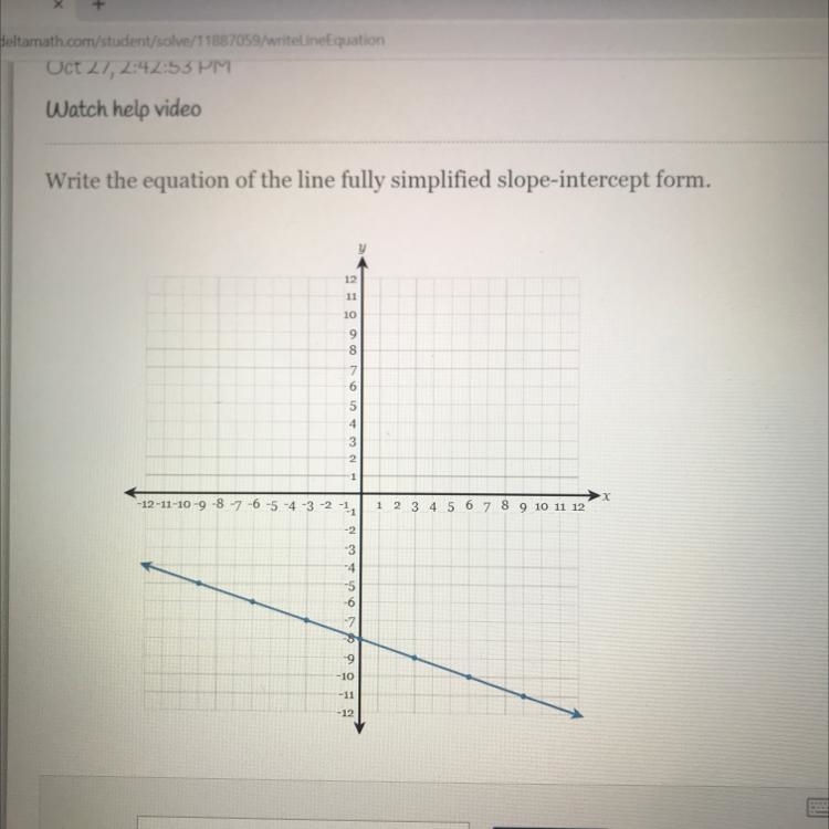 Write the equation of the line fully simplified slope -intercept form-example-1