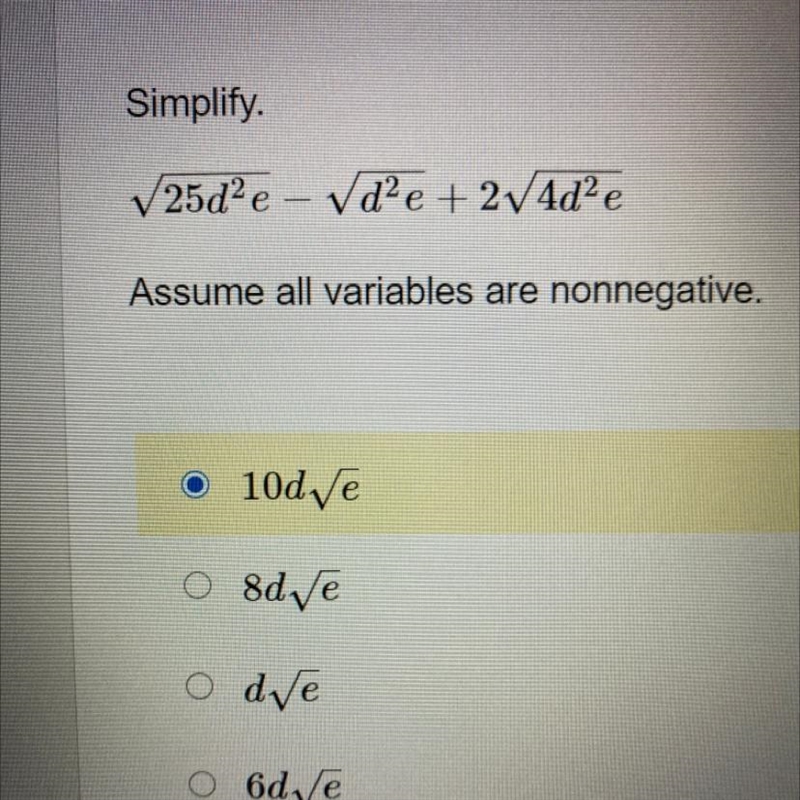 Simplify √(25d^2e)- √(d^2e)+2 √(4d^2e)-example-1