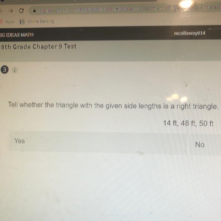 Tell whether the triangle with the given side lengths is a right triangle. 14 ft, 48 ft-example-1