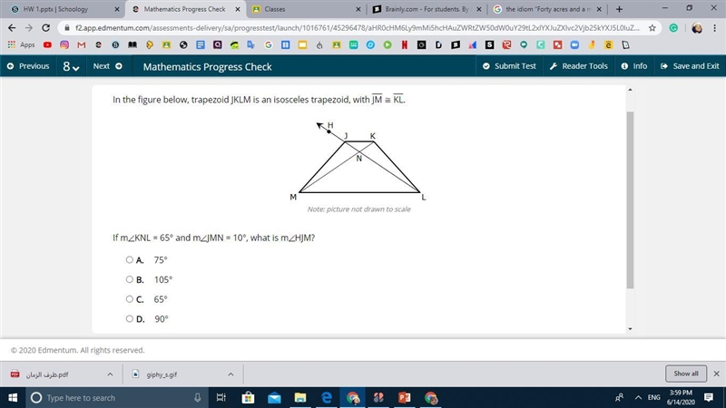 In the figure below, trapezoid JKLM is an isosceles trapezoid, with JM KL. Note: picture-example-1