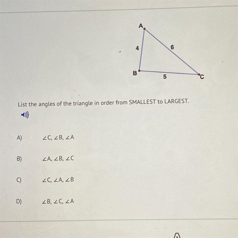 List the angles or the triangle in order from SMALLEST to LARGEST-example-1