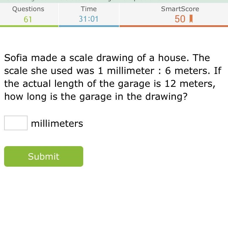 Sofia made a scale drawing of a house. The scale she used was 1 millimeter : 6 meters-example-1