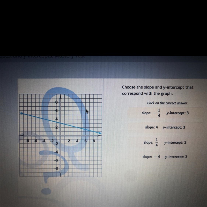 Choose the slope and y-intercept that correspond with the graph. HELPPP!!!!!!-example-1