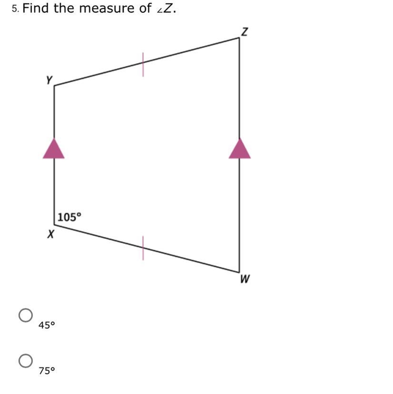 Find the measure of ∠Z. 45° 75° 105°-example-1