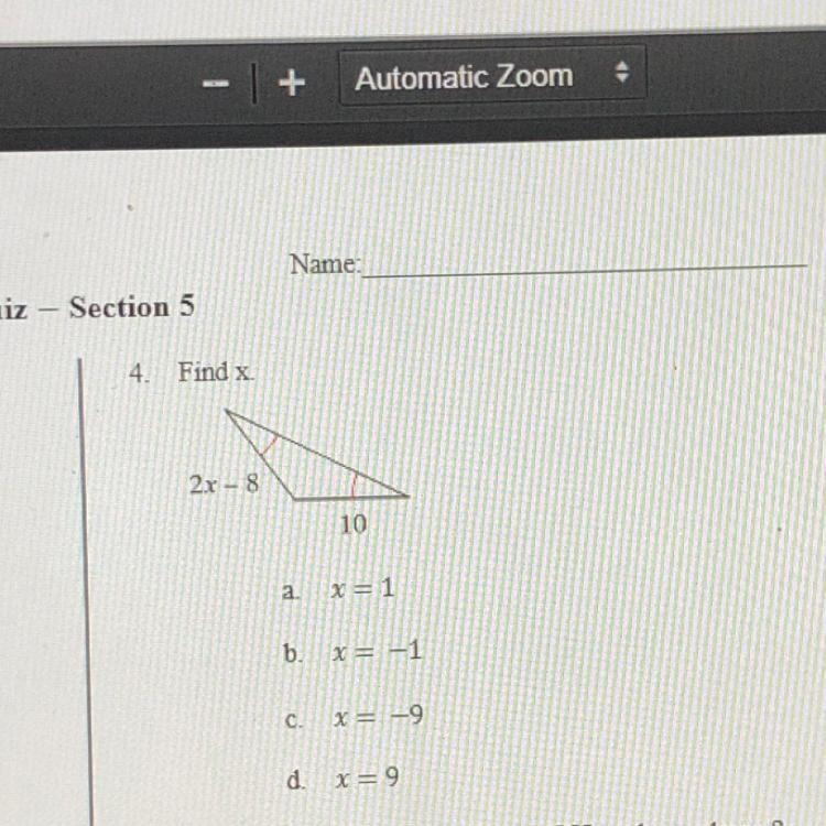 PLEASE HELP!!! Find x a. x=1 b. x=-1 c. x=-9 d. x=9-example-1