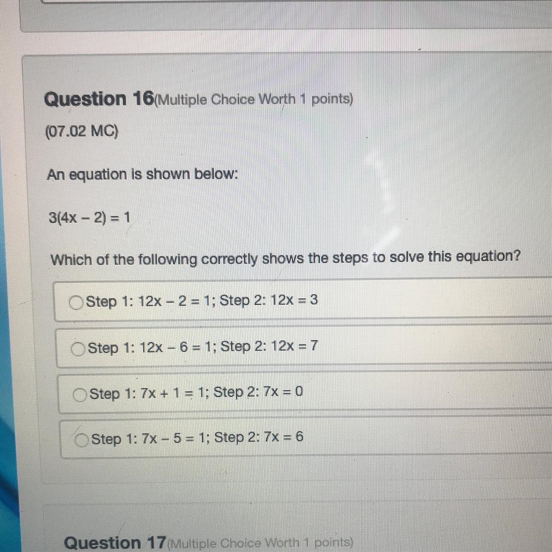 (07.02 MC) An equation is shown below: 3(4x - 2) = 1 Which of the following correctly-example-1